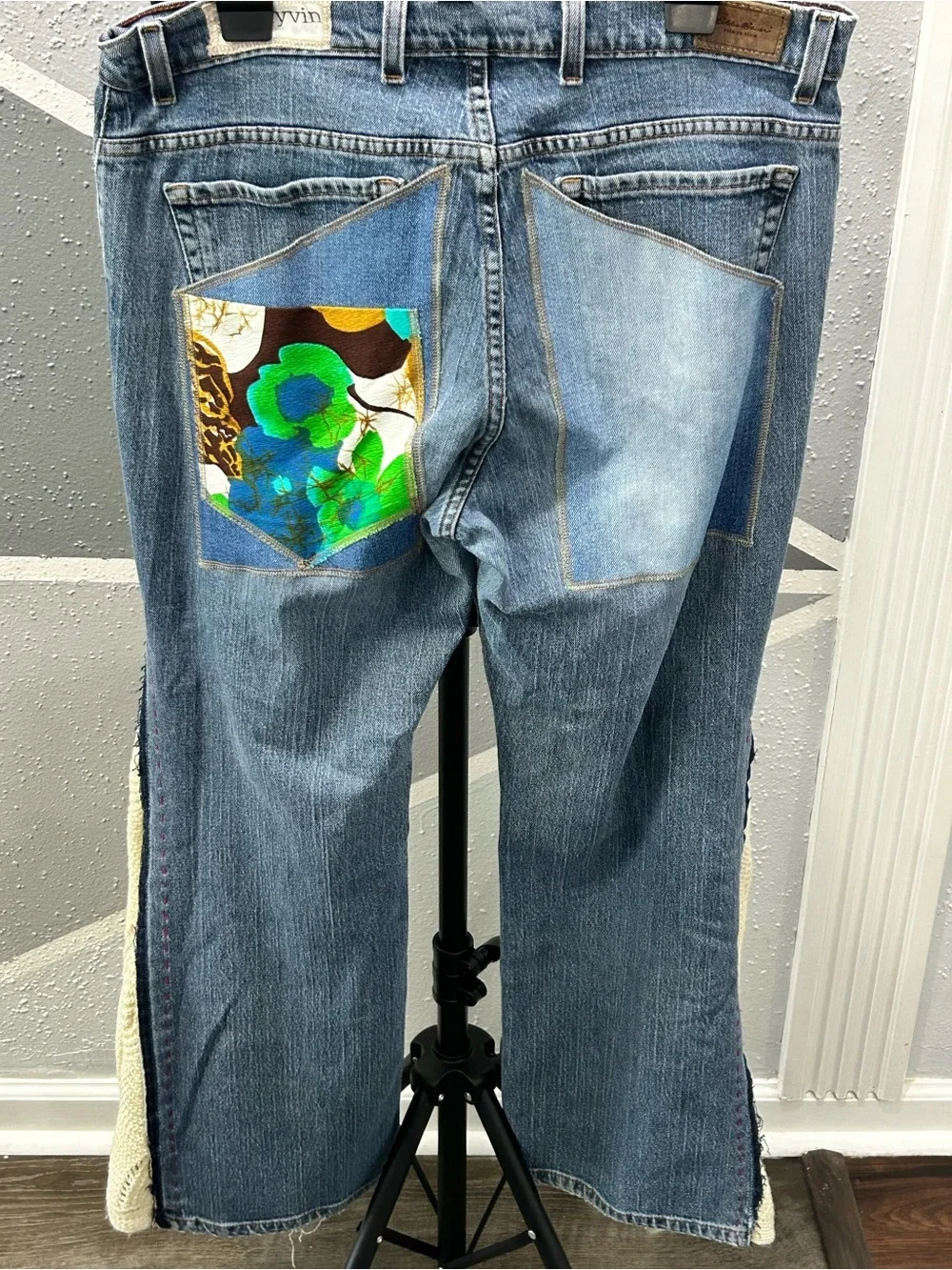 Eddie Bauer Blue Denim Flare Jeans with Red Floral Patch